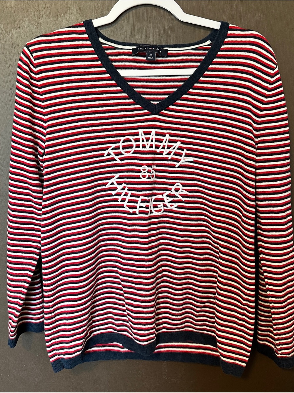 Tommy Hilfiger Women’s Large Striped V-Neck Embroidered 85 Sweater